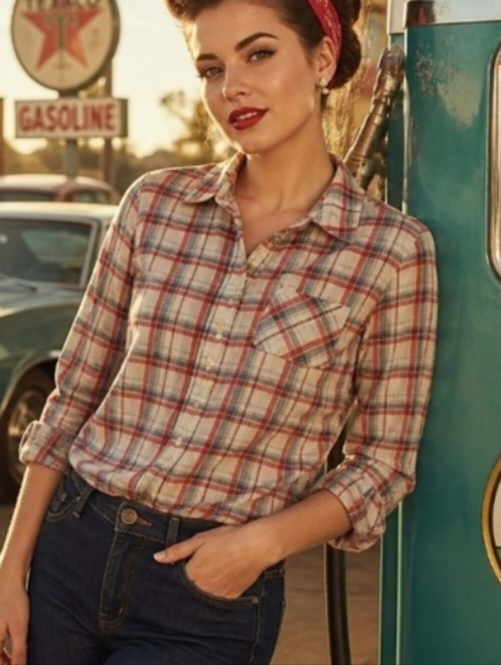 Classic Plaid Button-Front Women's Shirt - Red & Cream